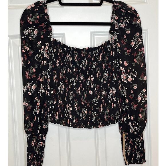 Reformation NEW Pinto Black Pink Floral Print Smocked Shirt‎ Small - Picture 2 of 12